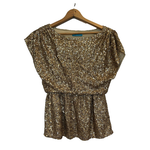 Alice + Olivia Barret Gold Sequin Cinched Short Sleeve Party Top mob wife S
